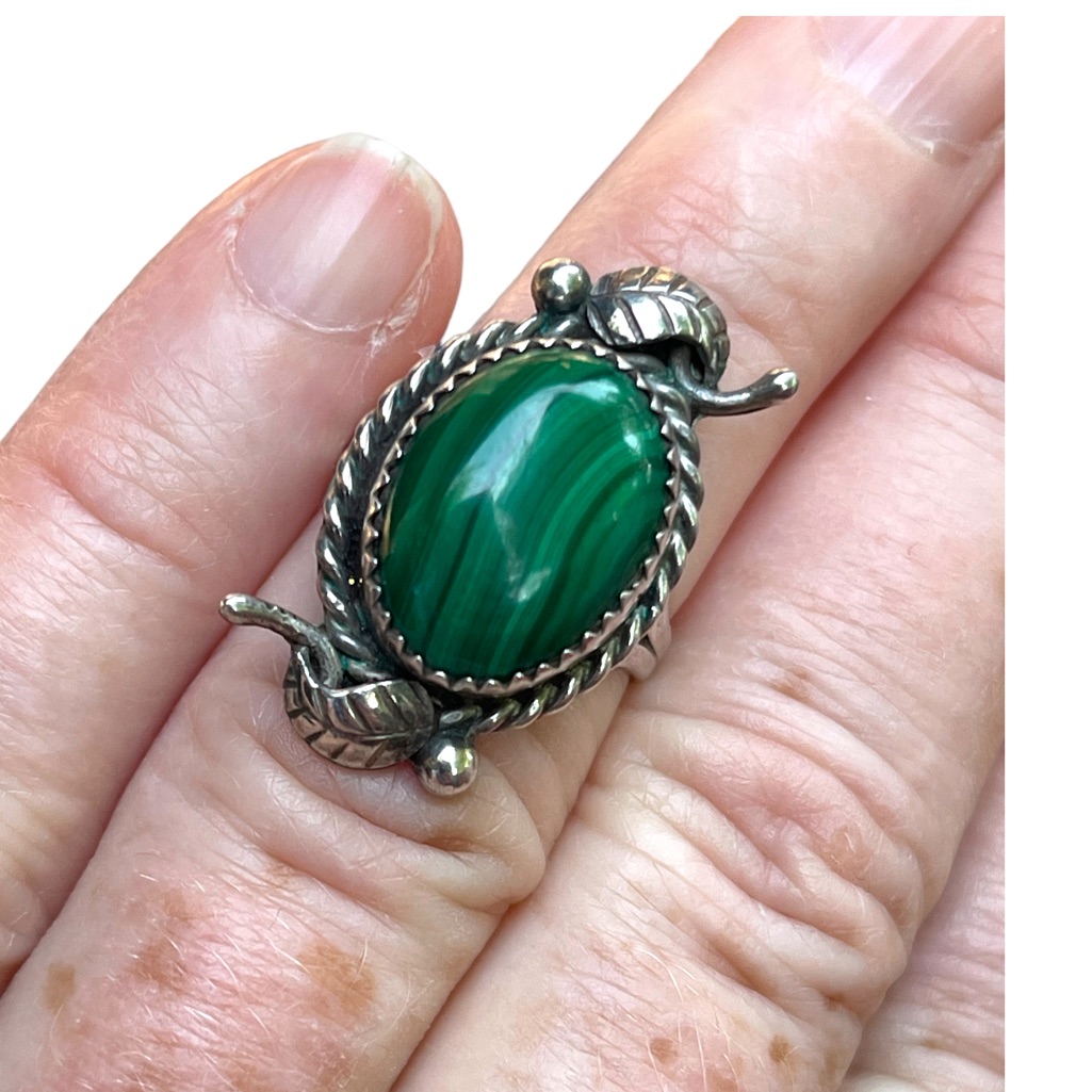 “Mc" Mary Chavez Native American Sterling 925 Az Malachite Ring, Size 6